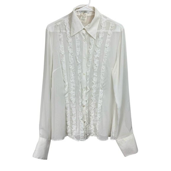 Nara Camicie Size IV Medium White Semi Sheer Ruffle Front Tuxedo Blouse Top - Picture 1 of 8